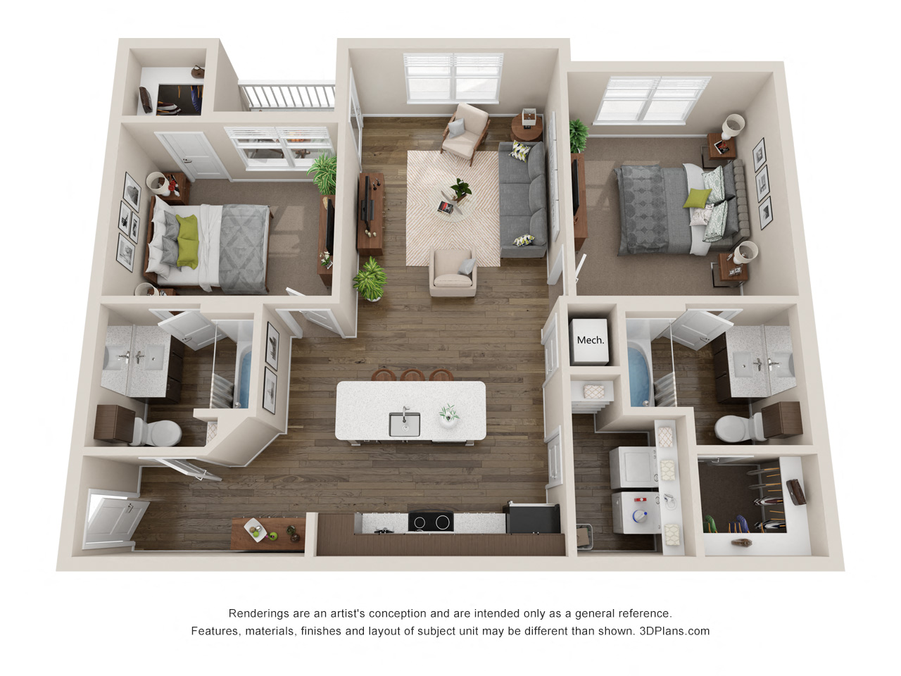 Floor plan for 2 beds, 2 baths, 1060 sqft